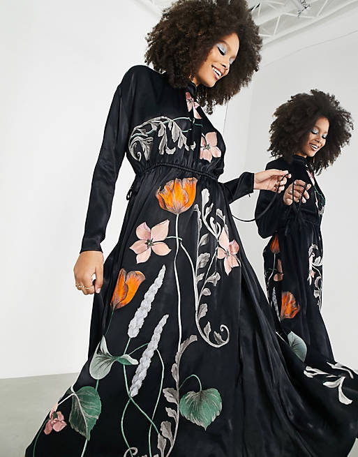 ASOS EDITION floral embroidered satin midi dress with drawstring channel in black