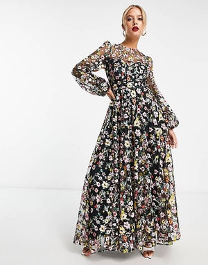 ASOS EDITION all over floral embroidered maxi dress in black