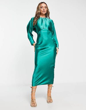 ASOS DESIGN satin batwing bias cut maxi dress in green