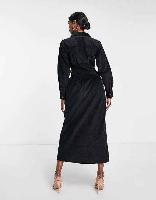 ASOS DESIGN cord midi shirt dress in black