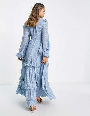 ASOS DESIGN high neck dobby shirred pleated maxi dress with frill edge in dusty blue