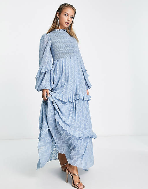 ASOS DESIGN high neck dobby shirred pleated maxi dress with frill edge in dusty blue