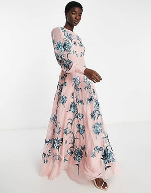 ASOS EDITION blouson sleeve floral embroidered maxi dress with open back in light pink