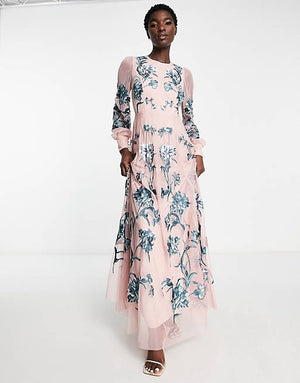 ASOS EDITION blouson sleeve floral embroidered maxi dress with open back in light pink