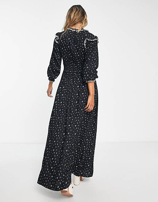 ASOS DESIGN shirred waist maxi ditsy print dress with contrast stitching in black
