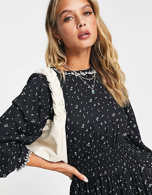 ASOS DESIGN shirred waist maxi ditsy print dress with contrast stitching in black