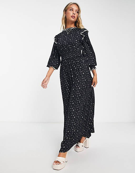 ASOS DESIGN shirred waist maxi ditsy print dress with contrast stitching in black