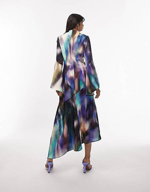 Topshop blurred dye print asymmetric hem midi dress in multi