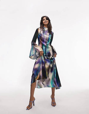 Topshop blurred dye print asymmetric hem midi dress in multi