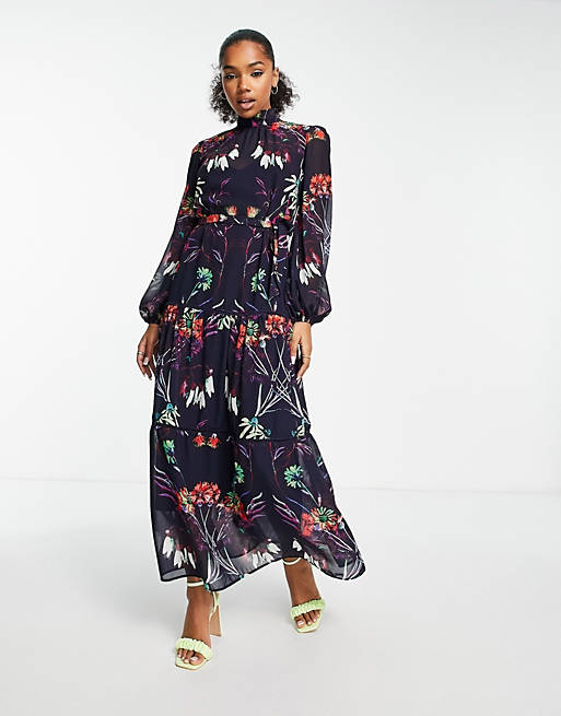 Hope & Ivy long sleeve tie waist maxi dress in navy floral