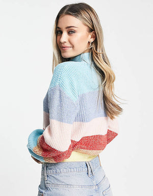Monki high neck knit sweater in rainbow stripe