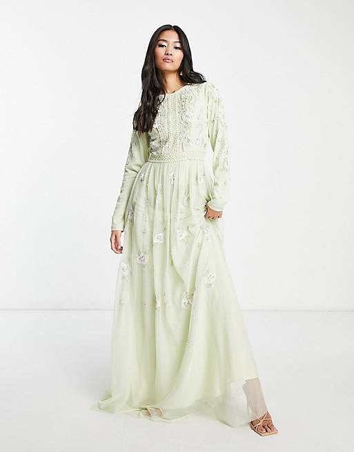 ASOS DESIGN Bridesmaid pearl embellished long sleeve maxi dress with floral embroidery in sage