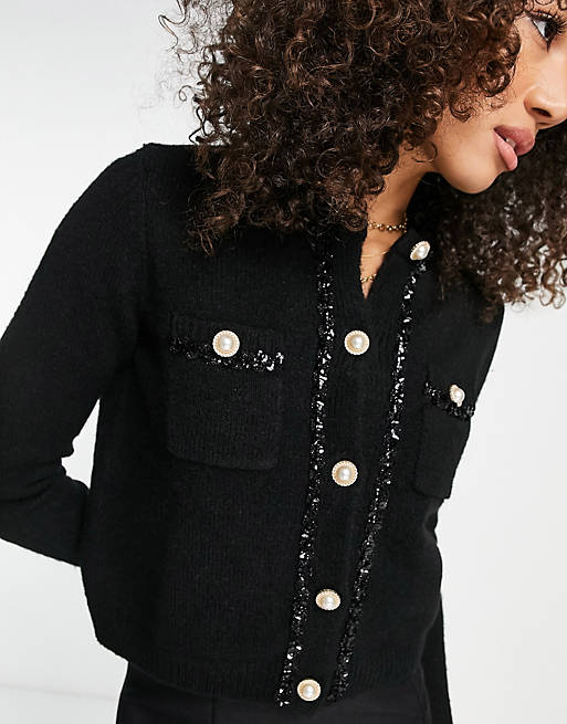 River Island sequin trim cardigan in black