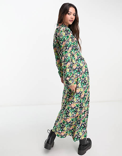 Pieces high neck midi dress in multi floral