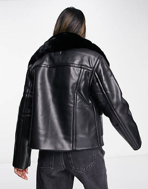 River Island boxy shearling jacket in black