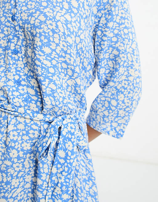 JDY belted maxi shirt dress in light blue ditsy floral