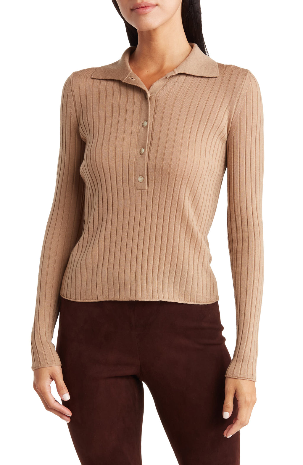 VINCE Long Sleeve Ribbed Knit Wool Polo, Main, color, SANDSTONE