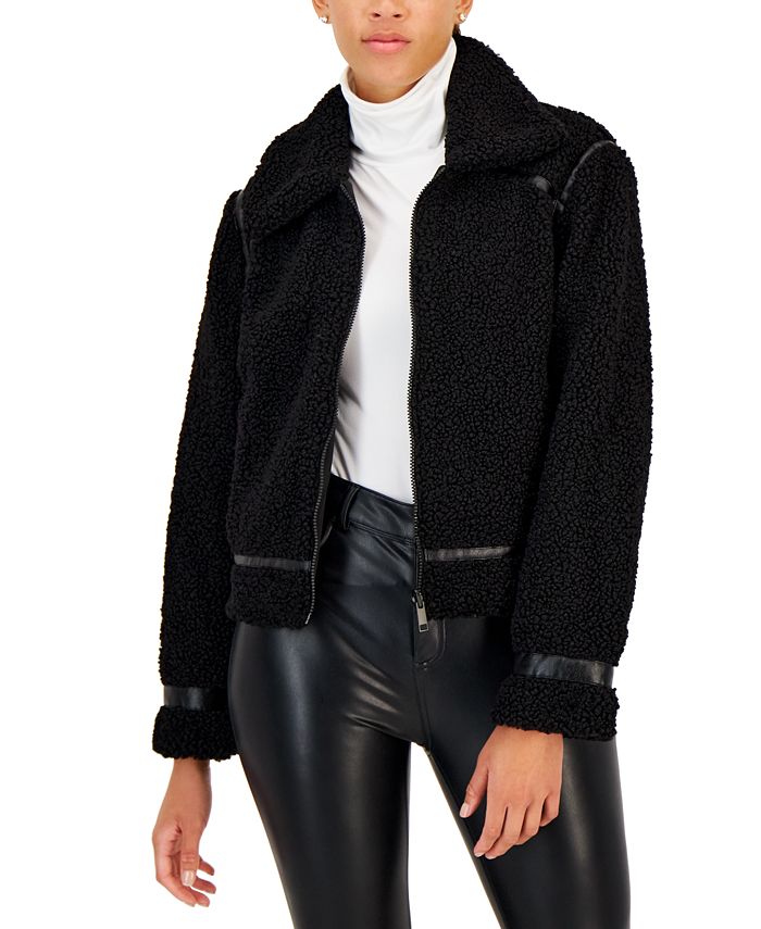 Maralyn & Me - Juniors' Faux-Leather-Trim Reversible Fleece Moto Coat