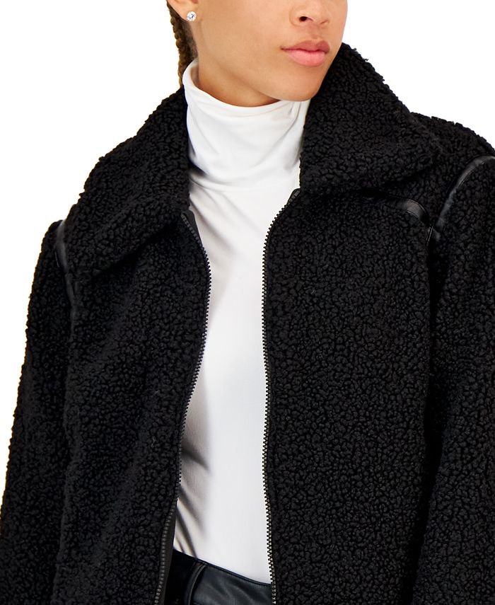 Maralyn & Me - Juniors' Faux-Leather-Trim Reversible Fleece Moto Coat