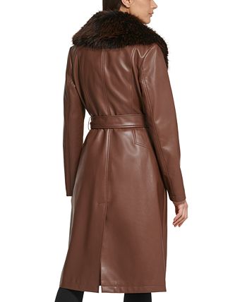 Kenneth Cole - Women's Faux-Fur-Trim Faux-Leather Coat