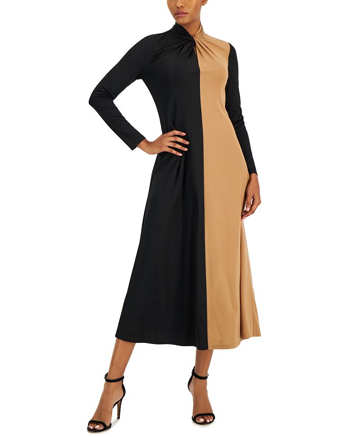 Anne Klein - Women's Colorblock Twist-Neck Long-Sleeve Midi Dress