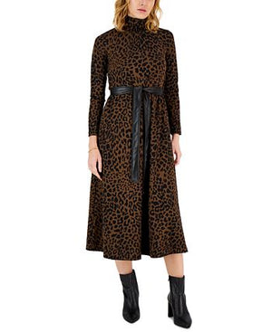 Anne Klein - Women's Leopard-Print Mock-Neck Midi Dress