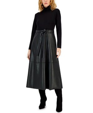 Anne Klein - Faux-Leather A-Line Midi Dress