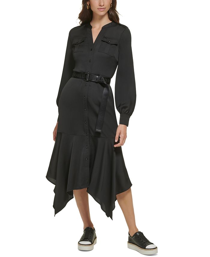 Karl Lagerfeld Paris - Women's Logo-Belt Handkerchief-Hem Midi Dress