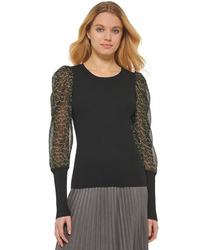 DKNY - Women's Printed Mixed-Media Long-Sleeve Sweater