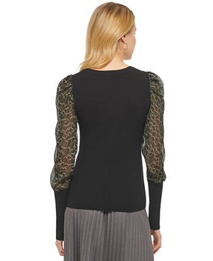 DKNY - Women's Printed Mixed-Media Long-Sleeve Sweater