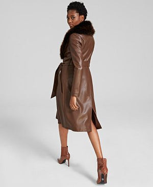 Kenneth Cole - Women's Faux-Fur-Trim Faux-Leather Coat