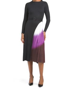 Belted Sweater Dress With Pleated Ombre Skirt