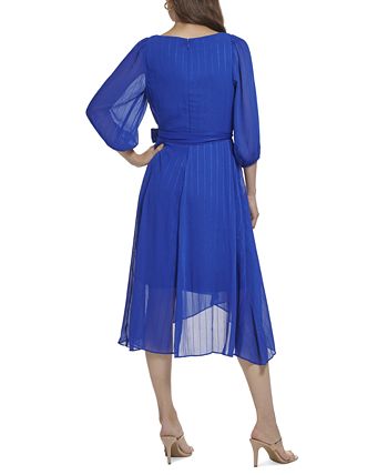 DKNY - Women's V-Neck Belted Balloon-Sleeve Chiffon Dress