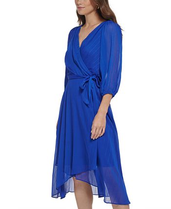 DKNY - Women's V-Neck Belted Balloon-Sleeve Chiffon Dress