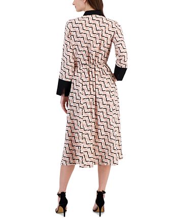 Anne Klein - Women's Printed Drawstring Long-Sleeve Dress