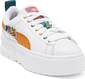 PUMA Mayze Pierced Platform Sneaker, Main, color, PUMA WHITE/ ORANGE BRICK