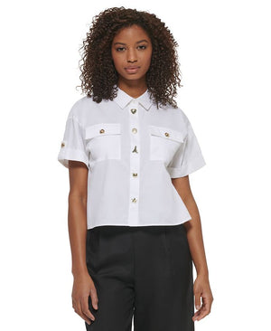 Karl Lagerfeld Paris - Women's Short Sleeve Poplin Utility Blouse