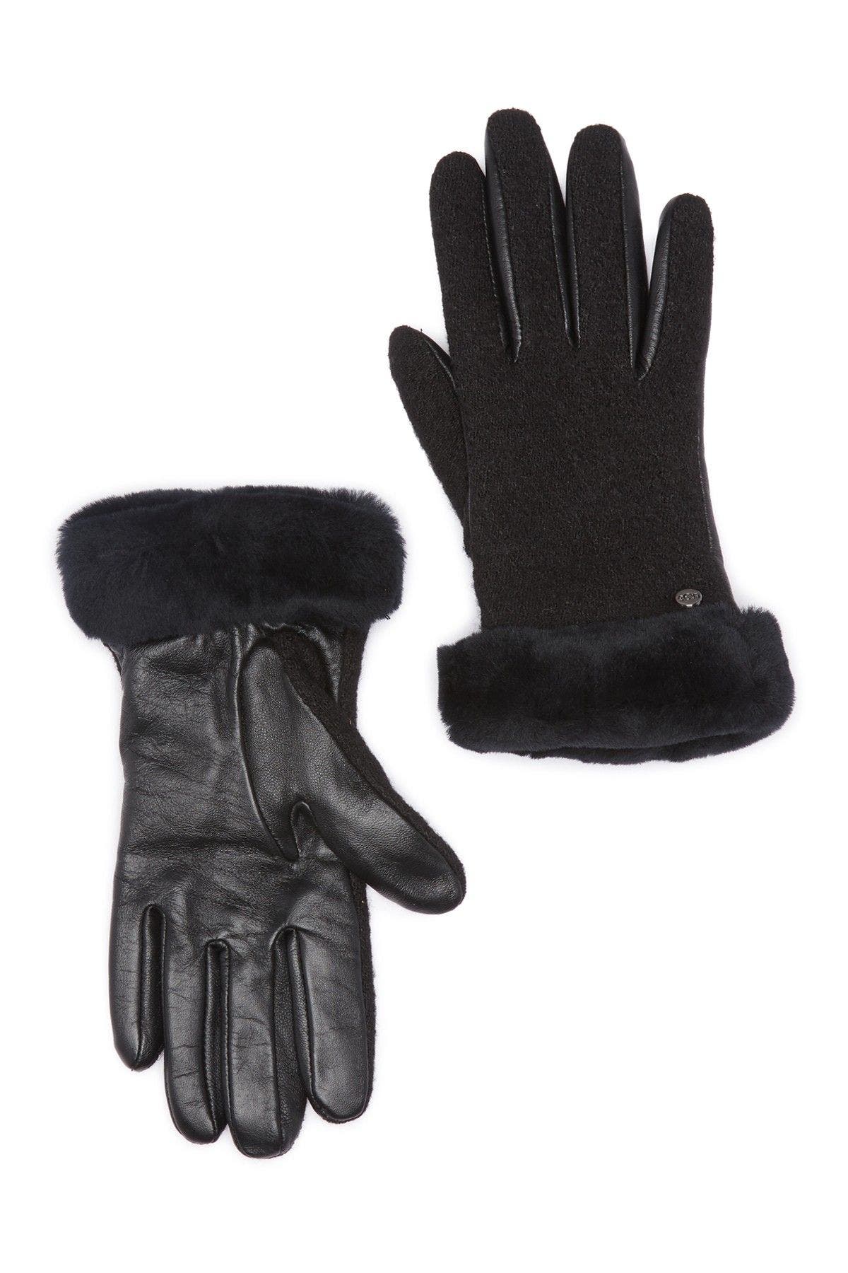 UGG<SUP>®</SUP> UGG Genuine Shearling Trim Leather Gloves, Alternate, color, BLACK
