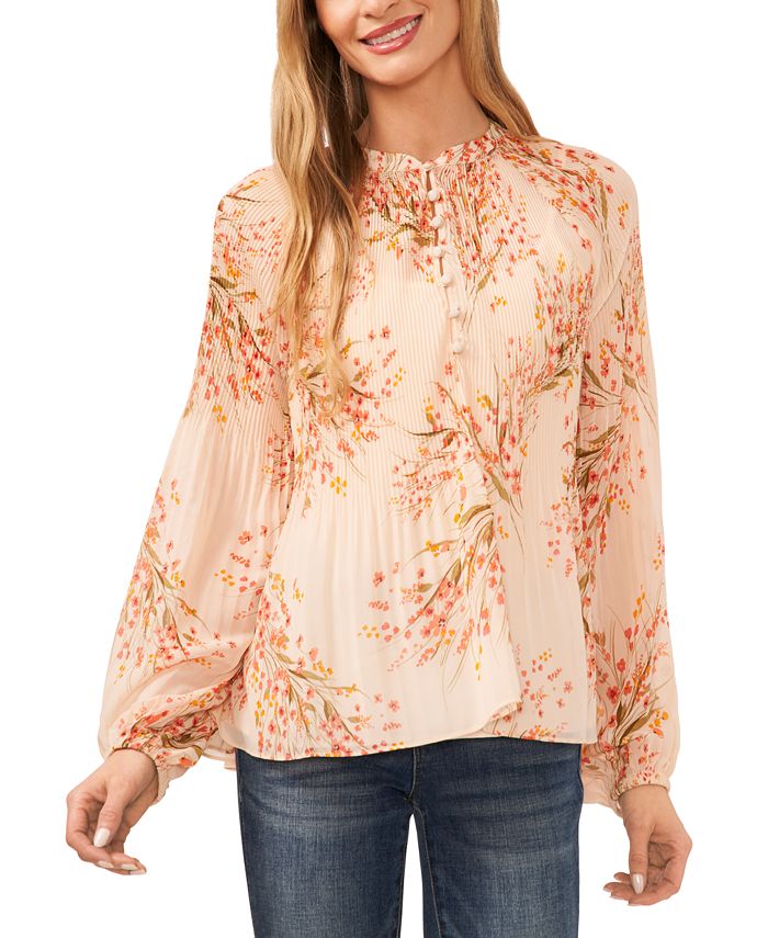CeCe - Women's Pleated Floral-Print Long-Sleeve Top