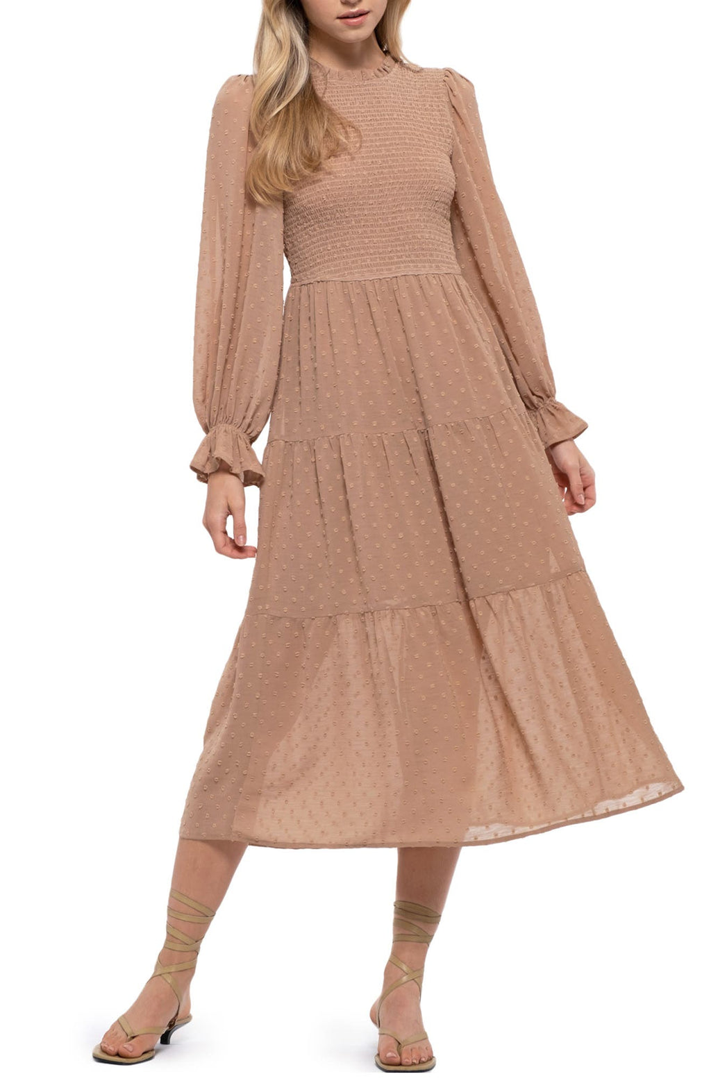 BLU PEPPER Smocked Clip Dot Midi Dress, Main, color, CHESTNUT