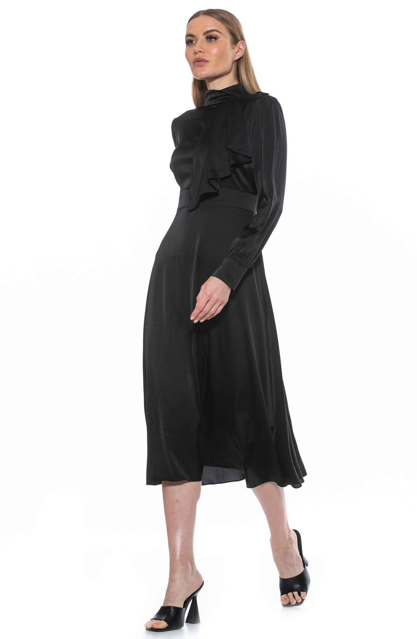 ALEXIA ADMOR Mock Neck Satin Midi Dress, Alternate, color, BLACK
