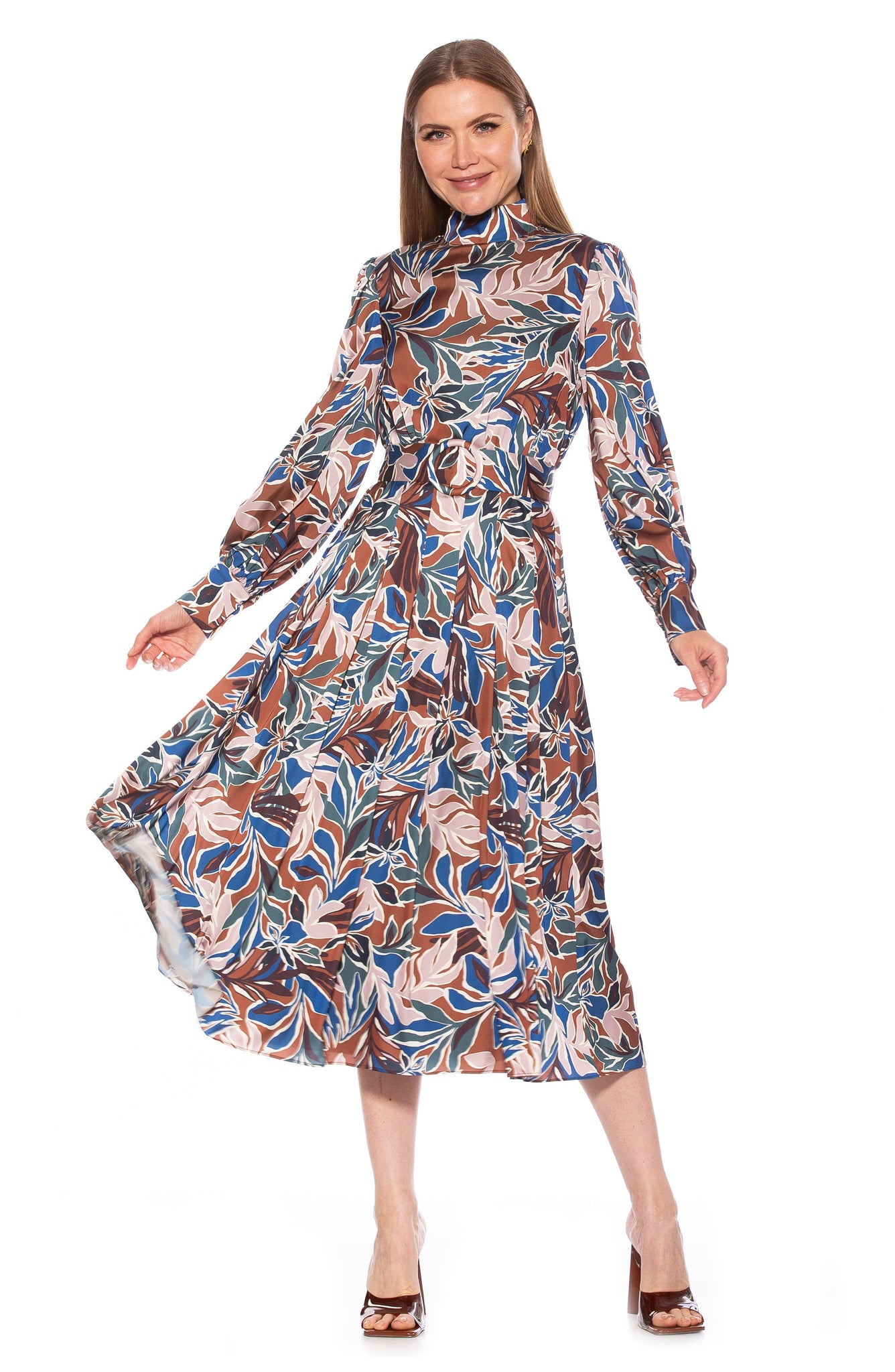 Alexia Admor Safiya Long Sleeve Belted Fit & Flare Dress, Alternate, color, BROWN FLORAL