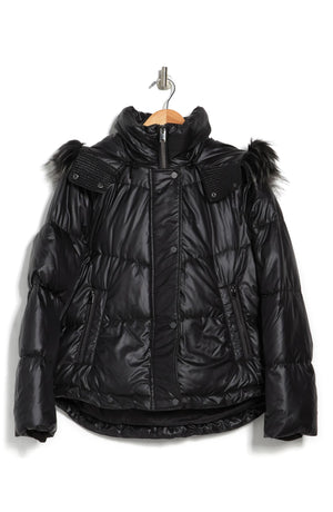 ANDREW MARC Minna Faux Fur Trim Hooded Puffer Jacket, Alternate, color, BLACK