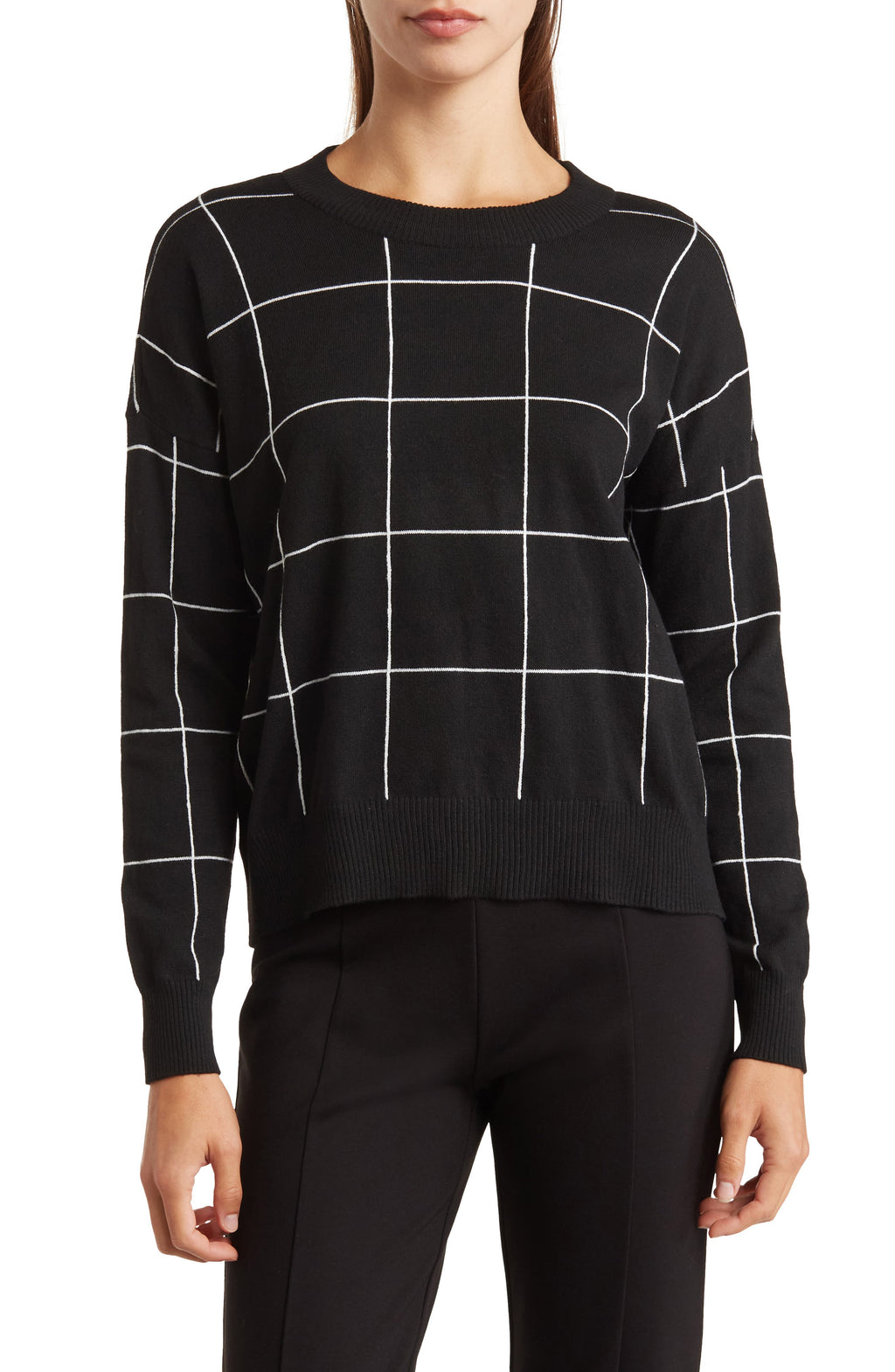 T Tahari Long Sleeve Crewneck Pullover, Main, color, BLACK/WHITE WINDOW