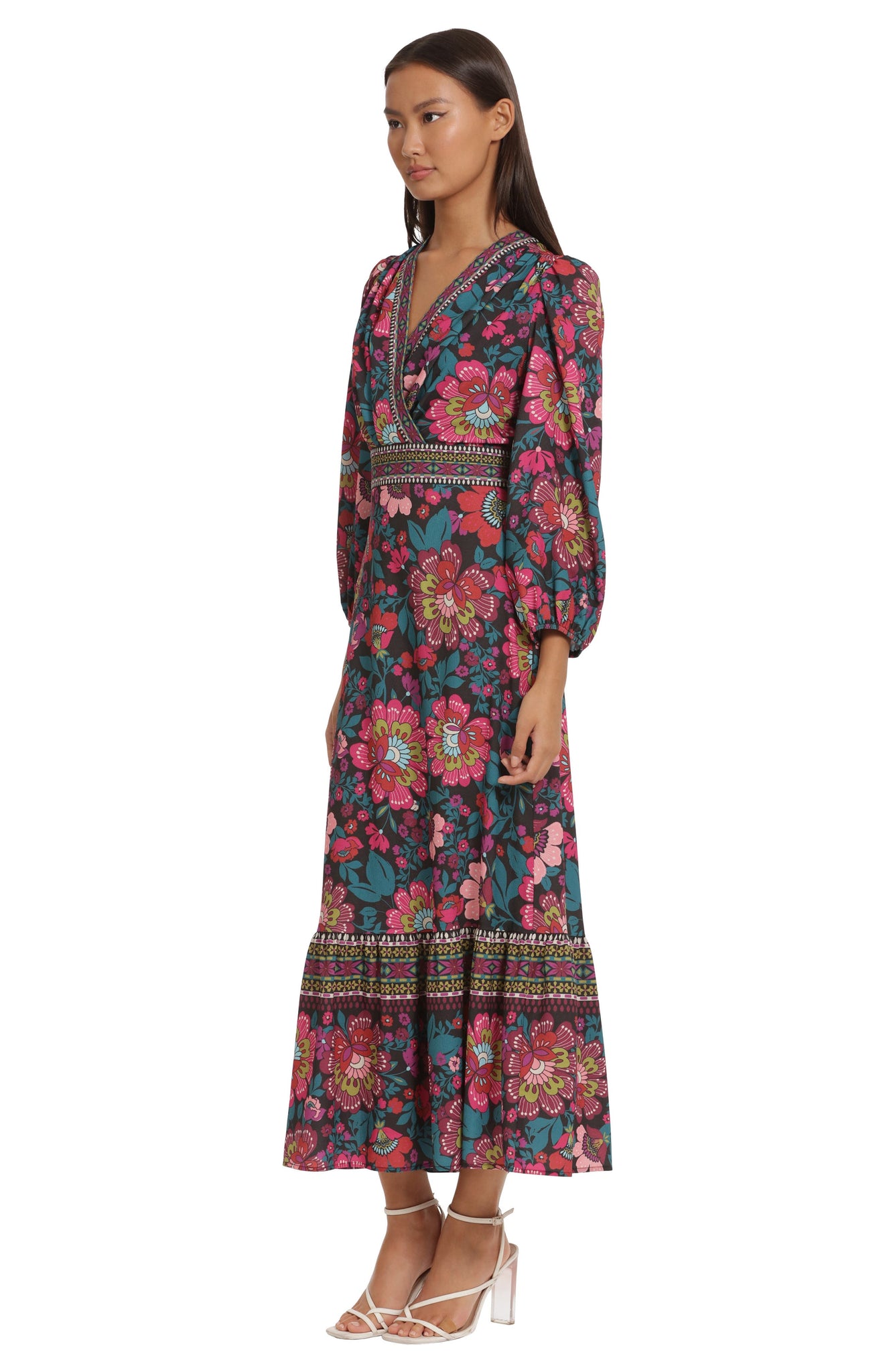 DONNA MORGAN FOR MAGGY Floral Border Print Maxi Dress, Alternate, color, BLACK/ RASPBERRY
