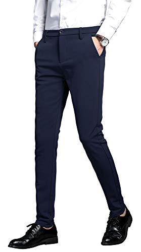 Plaid&Plain Men's Stretch Dress Pants Slim Fit Skinny Suit Pants