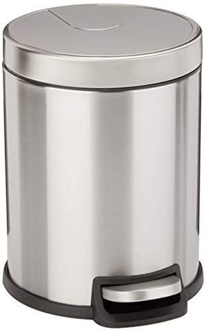 Amazon Basics Round Cylindrical Soft-Close Small Trash Can With Foot Pedal, 5 Liter/1.3 Gallon, Brushed Stainless Steel