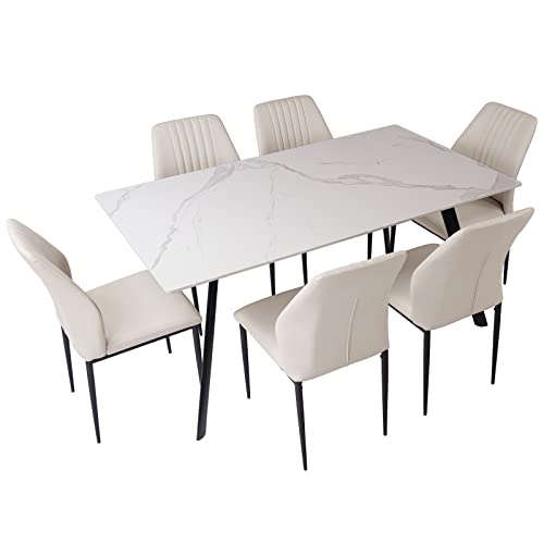 Zerifevni Dining Table Set for 6, Modern White Dining Table Sintered Stone Rectangula Table & 6 Dining Chairs (1 Table 6 Beige Chairs)