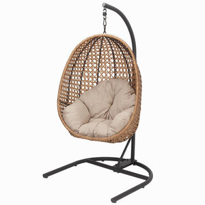 image 0 of Better Homes & Gardens Lantis Patio Wicker Hanging Egg Chair with Stand - Tan Wicker, Beige Cushion