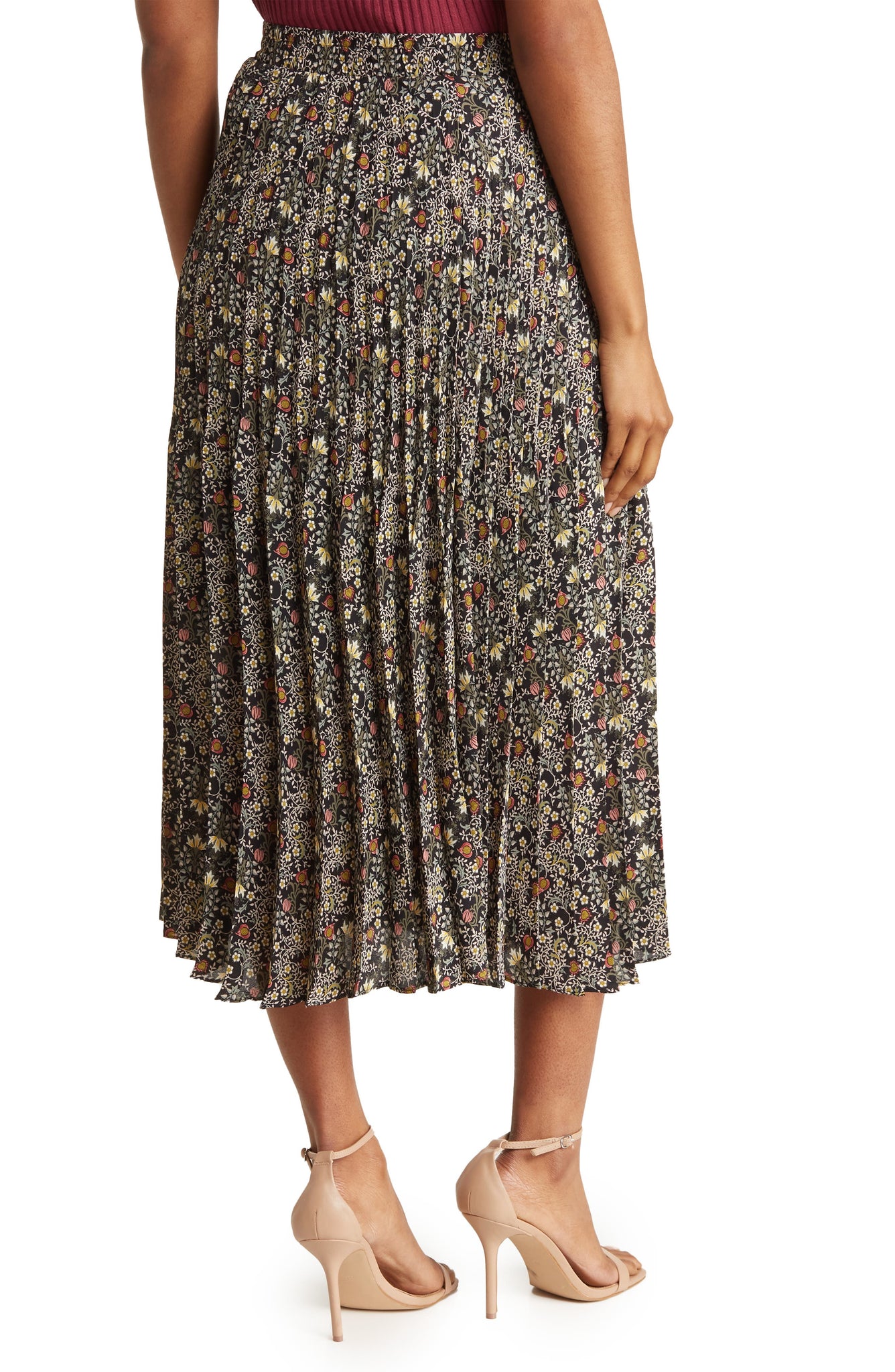 MAX STUDIO Graduated Pleat Print Knee-Length Midi Skirt, Alternate, color, BLACK/ SAGE CARA FOLK FLOWER